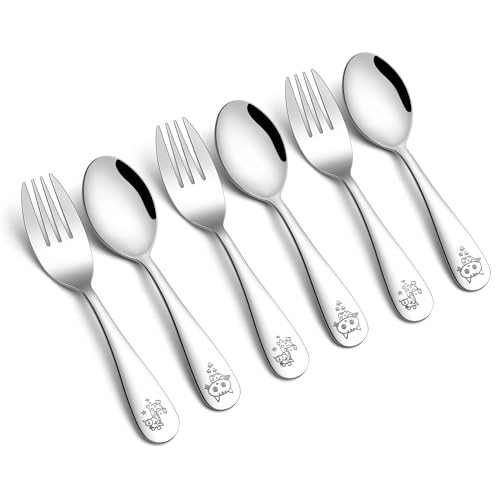 Kinderbesteck Set, Onader 6-teilig Edelstahl Kinder Besteck Set mit Gravur, Kleiner Besteckset Kindergeschirr mit 3 x kindergabel und 3 x Kinderlöffel für Kleinkind, Gesund & Spülmaschinenfest von Onader