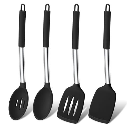 Küchenhelfer Set, Onader 4 Stück Silikon Pfannenwender Kochlöffel Set, Hitzebeständig Küchenutensilien Set mit Edelstahlgriff, Gesund & Spülmaschinenfest – Schwarz von Onader