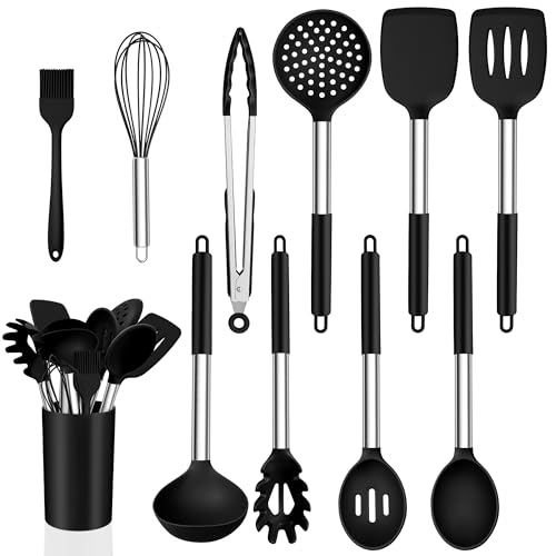 Küchenhelfer Set, Onader 11 Stück Silikon Küchenutensilien Kochbesteck Set mit Edelstahlgriff, Antihaft Kochutensilien Set für Kochen und Backen, Hitzebeständiger & Spülmaschinenfest, Schwarz von Onader
