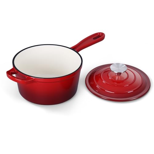 Onader Emaillierte Gusseisen-Saucenpfanne 1QT Kleiner Kochtopf mit Deckel Gusseisen Saucentopf Emaille Dutch Oven Antihaft & Strapazierfähig - Rot von Onader