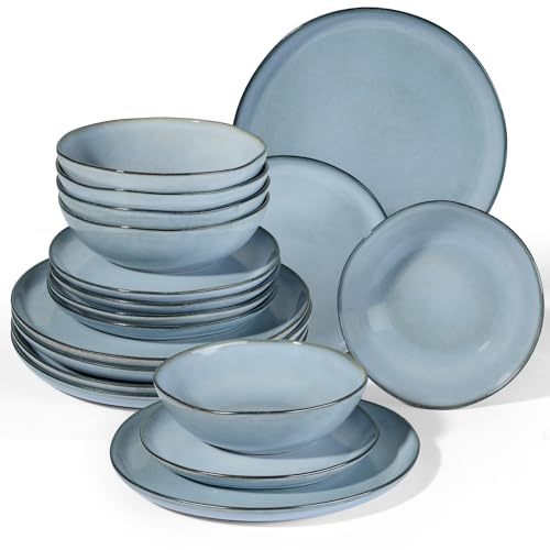 Onader Geschirrset 6 Personen, 18 Teiliges Tafelservice Steingut Set, Unregelmäßig Rund Müslischalen Dessertteller Speiseteller, Anti-Kratzer & Mikrowellenfest, Reaktives Neblig Blau von Onader