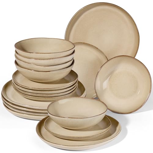 Geschirrset 6 Personen, Onader 18 Teiliges Tafelservice Steingut Set, Unregelmäßig Rund Müslischalen Dessertteller Speiseteller, Anti-Kratzer & Mikrowellenfest, Reaktives Sandfarbenes Khaki von Onader