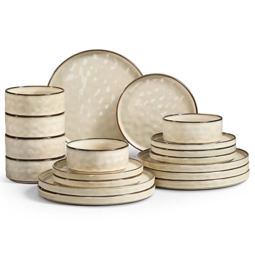 Geschirrset, Onader 18 Teiliges Steinzeug Tafelservice Set, Müslischalen, Speiseteller und Dessertteller Set für 6 Personen, Anti-Kratzer und Mikrowellenfest – Cappuccino Khaki von Onader