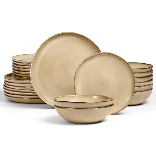 Geschirrset 8 Personen, Onader 24 Teiliges Tafelservice Steingut Set, Unregelmäßig Rund Müslischalen Dessertteller Speiseteller, Anti-Kratzer & Mikrowellenfest, Reaktives Sandfarbenes Khaki von Onader