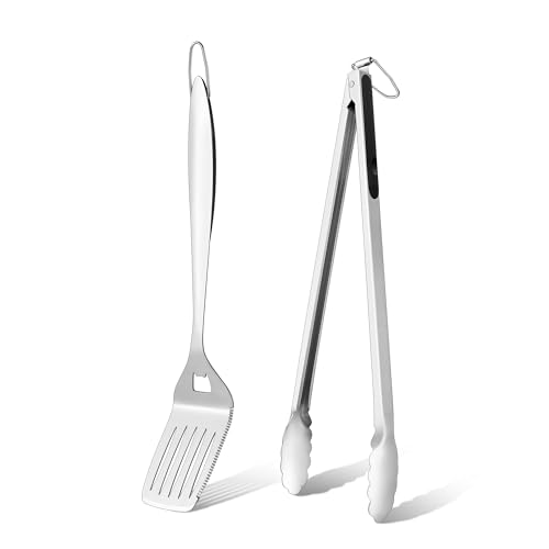 Onader Grill Zubehör, 2 Stück Edelstahl Grillbesteck Grillzubehör Set, Grillzange und Pfannenwender mit Extra-Langen Griff, Ideal für Gasgrill BBQ Camping, Hitzebeständig, Spülmaschinenfest von Onader