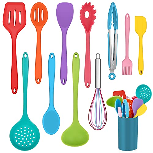 Küchenhelfer Set, Onader 12 teiligs Silikon Kochutensilien Kochbesteck Set, Antihaft Hitzebeständiger Kochgeschirr Küchenutensilien Set mit Utensilienhalter, Spülmaschinengeeignet - Bunt von Onader