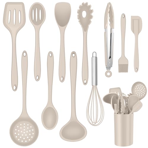 Küchenhelfer Set, Onader 12 teiligs Silikon Kochutensilien Kochbesteck Set, Antihaft Hitzebeständiger Kochgeschirr Küchenutensilien Set mit Utensilienhalter, Spülmaschinengeeignet - Khaki von Onader