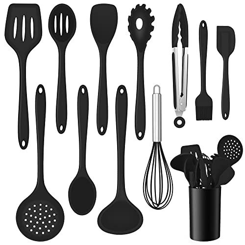 Küchenhelfer Set, Onader 12 teiligs Silikon Kochutensilien Kochbesteck Set, Antihaft Hitzebeständiger Kochgeschirr Küchenutensilien Set mit Utensilienhalter, Spülmaschinengeeignet - Schwarz von Onader