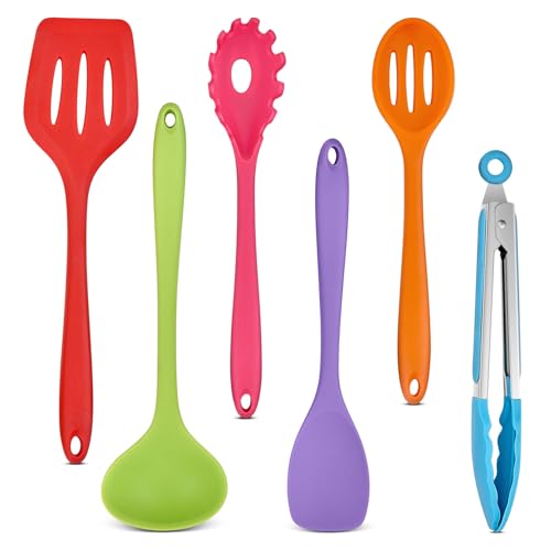 Onader Küchenhelfer Set, 6 Teiligs Silikon Küchenutensilien Kochutensilien Set, Antihaft Hitzebeständiger Kochbesteck Set zum Kochen, Spülmaschinenfest – Bunt von Onader