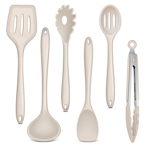 Küchenhelfer Set, Onader 6 Teiligs Silikon Küchenutensilien Kochutensilien Set, Antihaft Hitzebeständiger Kochbesteck Set zum Kochen, Spülmaschinenfest – Khaki von Onader