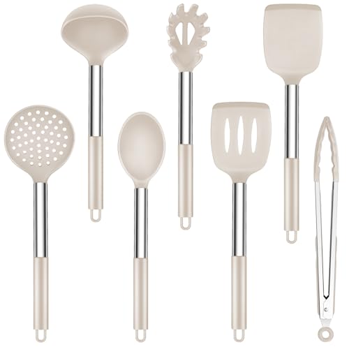 Onader Küchenhelfer Set, 7 Stück Silikon Küchenutensilien Kochbesteck Set mit Edelstahlgriff, Antihaft Kochutensilien Set Sicher für Kochgeschirr, Hitzebeständiger & Spülmaschinenfest, Khaki von Onader