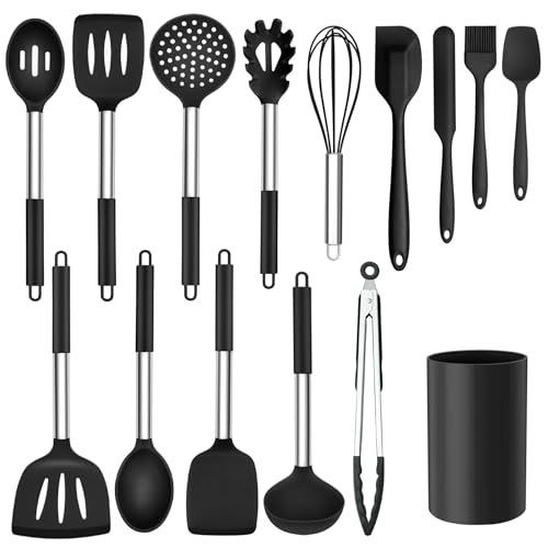 Onader Küchenutensilien-Set, 15-teilig, Silikon-Kochutensilien-Set mit Halter und hitzebeständigem Edelstahlgriff für antihaftbeschichtetes Kochgeschirr, Schwarz von Onader
