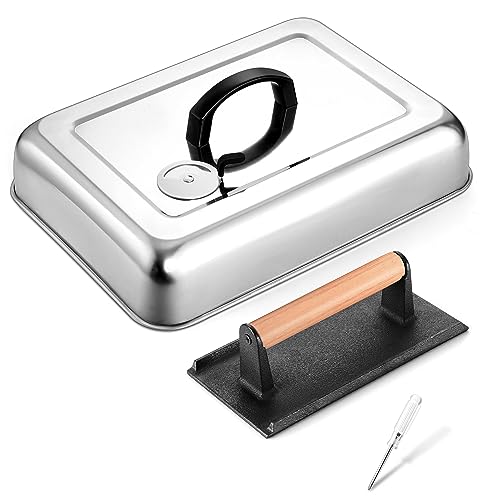 Melting Dome & Smash Burger Press Set, Onader Edelstahl Backabdeckung mit Entlüftung, Gusseisen Speckpresse für Grillplatte von Onader