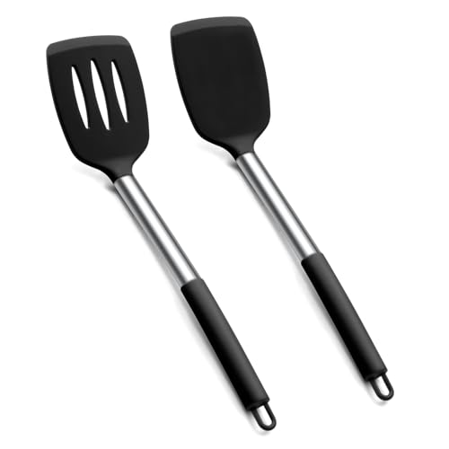 Onader Silikon Pfannenwender, 2 Stück Küchenhelfer Küchenutensilien mit Edelstahlgriff, Antihaft Kochgeschirr Set für Kochen, Hitzebeständiger & Spülmaschinenfest - Schwarz von Onader