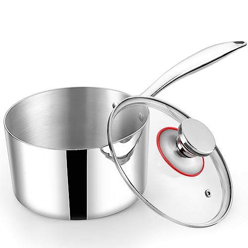 Stielkasserolle 18cm, Onader 3-Lagen Edeastahl Milchtopf Kochtopf für Alle Herdarten Einschließlich Induktion, 2,4L Kasserolle mit Glasdeckel, Gesund & Spülmaschinenfest von Onader