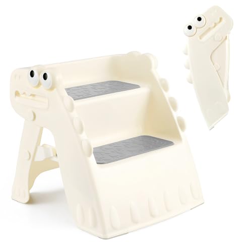 Onasti Klappbarer Tritthocker Kinder, 2-stufiger Rutschfester Hocker für Kinder, ideal für Töpfchen, Badezimmer, Küche und mehr, Dinosaurier-Design (Weiß) von Onasti