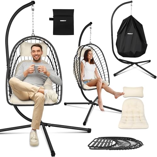 ONBEST Hängesessel mit Gestell - Hängestuhl höhenverstellbar & faltbar – Schaukel inkl. bequemen Kissen – Polyrattan Korbsessel für Outdoor & Indoor mit Schutzhülle – für Erwachsene (Beige) von Onbest