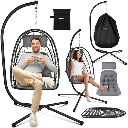 ONBEST Hängesessel mit Gestell - Hängestuhl höhenverstellbar & faltbar – Schaukel inkl. bequemen Kissen – Polyrattan Korbsessel für Outdoor & Indoor mit Schutzhülle – für Erwachsene (Grau) von Onbest