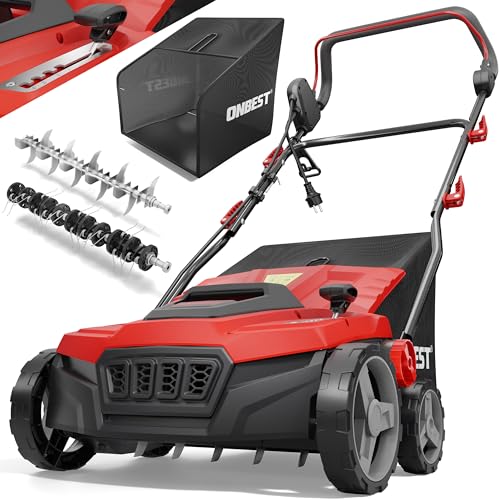 ONBEST 2IN1 Elektro Vertikutierer – 1800 Watt – 38 cm Arbeitsbreite – 45 l Fangkorb – mit Vertikutier - & Lüfter Walze - Rasenvertikutierer zum Entfernen von Moos/Unkraut und zum Belüften vom Rasen von Onbest
