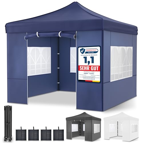 ONBEST Faltpavillon – 3x3m – Großer Eingang - Wasserdicht – Pop up Gestell – Seitenwänden mit 3x3 Fenstern – Zusätzlich mit Tasche – Faltbarer Outdoor Pavillon (Blau) von Onbest