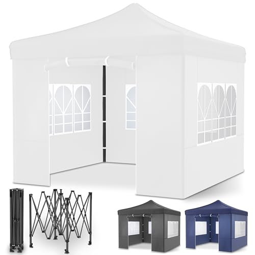 ONBEST Faltpavillon – 3x3m – Großer Eingang - Wasserdicht – Pop up Gestell – Seitenwänden mit 3x3 Fenstern – Transporttasche mit Rollen – Faltbarer Outdoor Pavillon (Weiß) von Onbest
