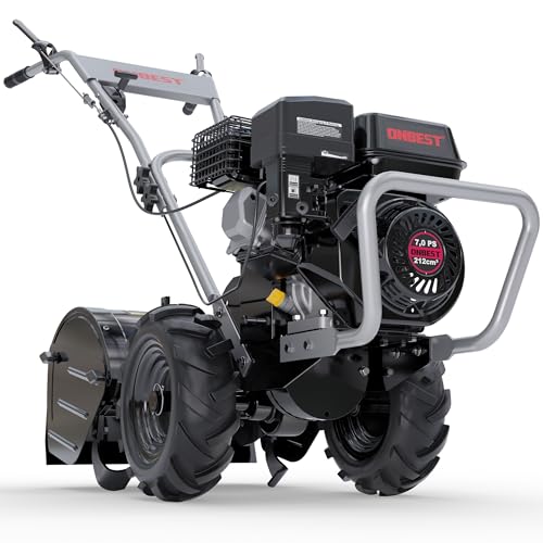 ONBEST Gartenfräse Benzin – mit 48 cm Arbeitsbreite – 4-Takt Motor – 4,1 kW / 7,0 PS – 12 Messer – 175-350 mm Arbeitstiefe – Gartenfräse – Gartenhacke – Kultivator – umgraben & auflockern vom Boden von Onbest