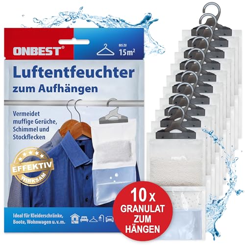 ONBEST Großes 10x Luftentfeuchter Set zum Aufhängen – Effektive Luftentfeuchter mit 500 ml Beutel – Granulat Entfeuchter gegen Feuchtigkeit, Schimmel & Gerüche – Raumentfeuchter ohne Strom von Onbest