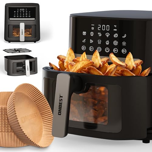 ONBEST Heißluftfritteuse mit großem Sichtfenster & 12 Kochprogrammen – XL Airfryer mit 6,5 Liter,1600 Watt PLUS 100x Backpapier – Frittieren ohne Öl für 2-5 Personen von Onbest