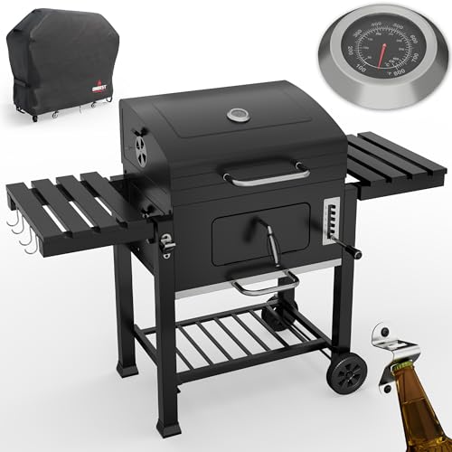 ONBEST Holzkohlegrill mit Grillrost aus Gusseisen – PLUS Abdeckung - XXL BBQ Grill mit Deckel – mobiler Grillwagen mit klappbaren Ablagen – Grillrostverstellung –Thermometer – Flaschenöffner von Onbest