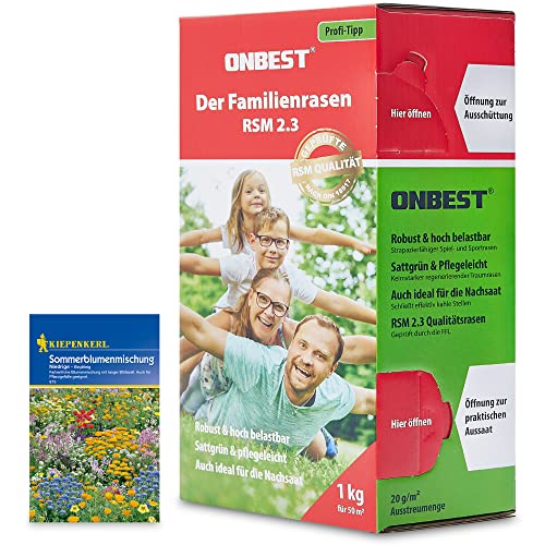 ONBEST Qualitäts Rasensamen RSM 2.3 für die ganze Familie – 1kg Sport und Spielrasen – strapazierfähig, sattgrün & pflegeleichter Rasen/Gras – Samen ideal für Neuansaat und Nachsaat – Mit Blumensamen von Onbest