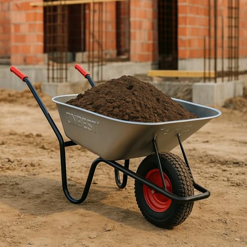 ONBEST Schubkarre mit 100 Liter vollverzinkt Silber – 250 kg Tragkraft – Luftreifen auf Stahlfelge – pulverbeschichteter Stahlrahmen schwarz – Bauschubkarre Gartenkarre – Plus Gartenabfallsack groß von Onbest