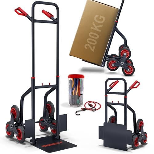 ONBEST Treppensackkarre Sackkarre klappbar – 200kg Tragkraft – 3-Fach Hartgummi Reifen – Stahlrahmen – XL Schaufel – Sicherheitsgriffe – Treppen Klappsackkarre – Treppensteiger Plus 12 Spanngummis von Onbest