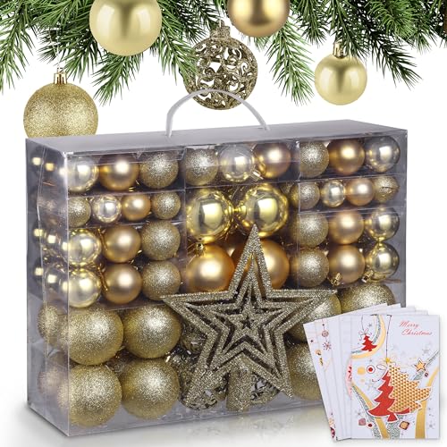 ONBEST Weihnachtskugeln 128-teiliges Set – 1x Baumspitze Glitzer Stern & 127x Kugel – mit Verpackung – Weihnachtsschmuck Deko für Drinnen & Draußen aus Kunststoff – Plus 5X Karte (Gold) von Onbest