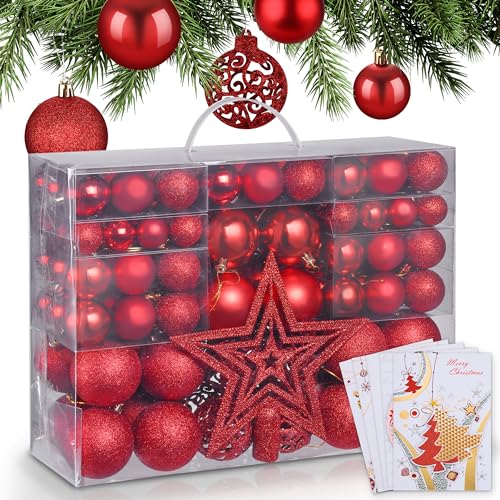 ONBEST Weihnachtskugeln 128-teiliges Set – 1x Baumspitze Glitzer Stern & 127x Kugel – mit Verpackung – Weihnachtsschmuck Deko für Drinnen & Draußen aus Kunststoff – Plus 5X Karte (Rot) von Onbest