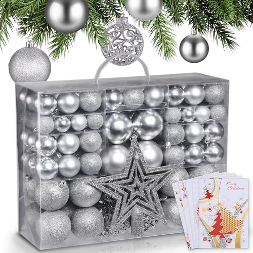 ONBEST Weihnachtskugeln 128-teiliges Set – 1x Baumspitze Glitzer Stern & 127x Kugel – mit Verpackung – Weihnachtsschmuck Deko für Drinnen & Draußen aus Kunststoff – Plus 5X Karte (Silber) von Onbest