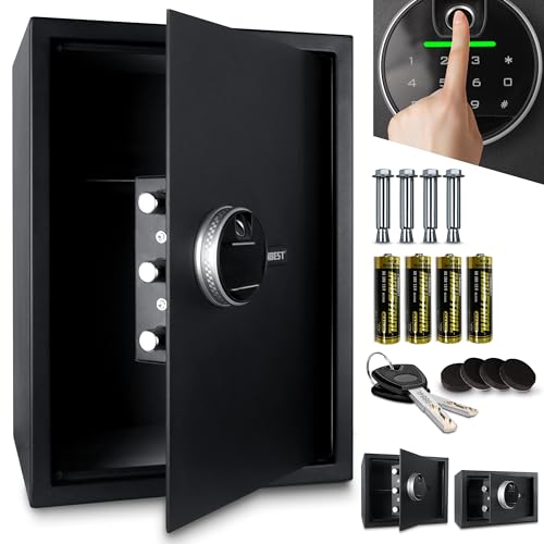 ONBEST elektr. Tresor mit Fingerabdruck, Zahlencode & Schlüssel – Safe aus Stahl mit 3 Schließbolzen – Geld, Wertsachen & Dokumente sicher verwahren – XL Möbel-safe 50x35x31cm groß (XL) von Onbest