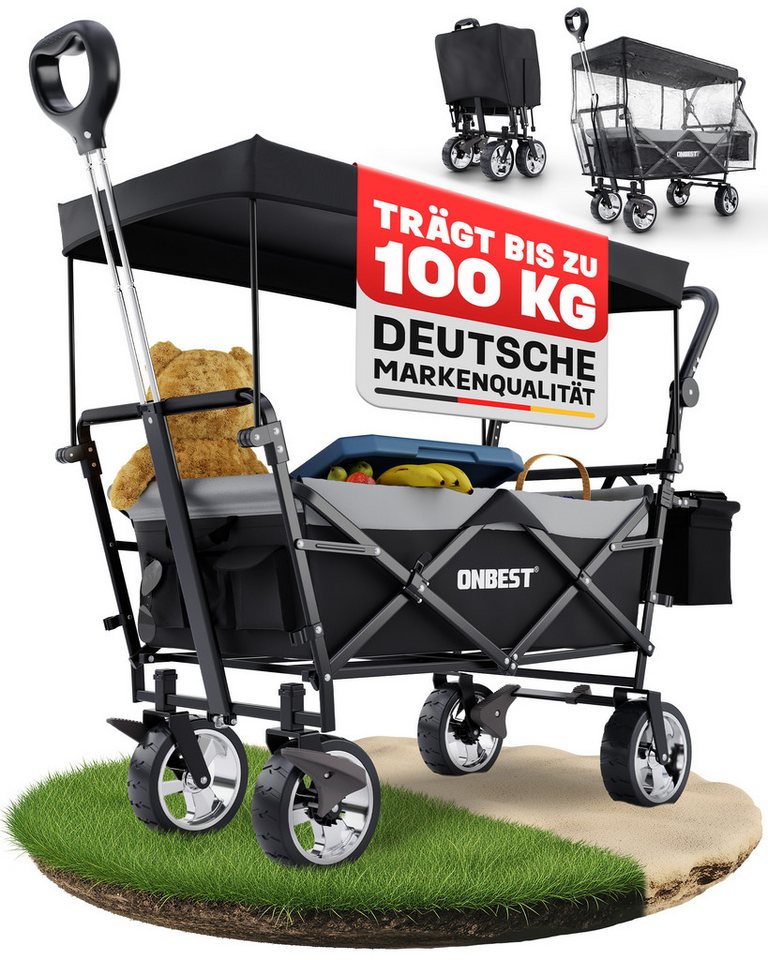 Onbest Bollerwagen faltbar mit Dach, Kühltasche, Getränkehalter, 100kg, Pop-Up von Onbest