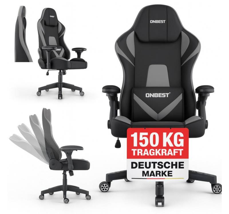 Onbest Gaming-Stuhl ergonomisch mit Lordosenkissen bis 150kg, 360°, verstellbare Armlehnen Kopfstütze Rückenlehne von Onbest