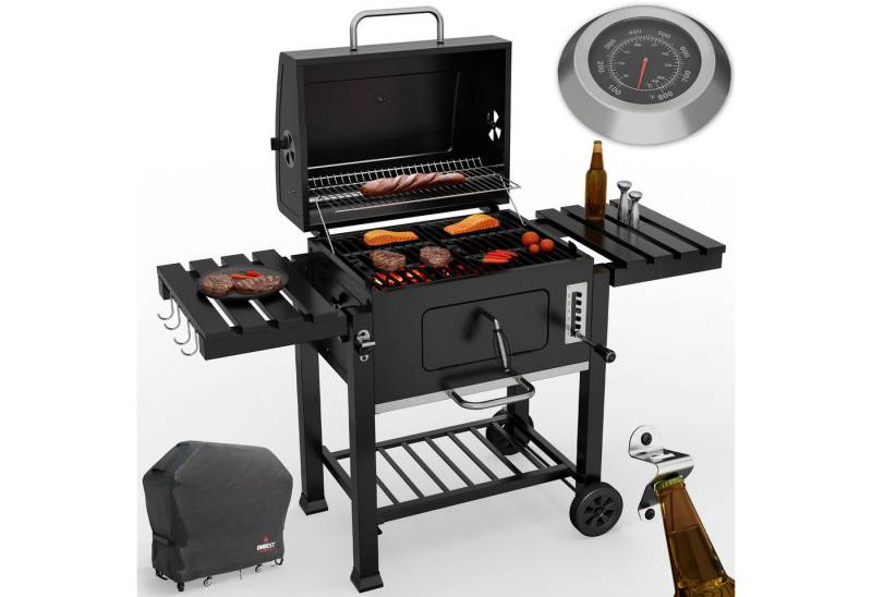 Onbest Holzkohlegrill XXL mit Deckel Thermometer Schutzhülle, 2-faches Gusseisen Grillrost, Ascheschublade von Onbest