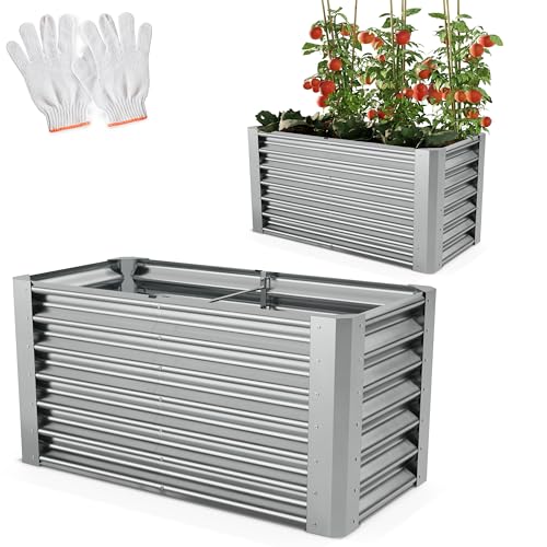 Onbest Metall Hochbeet - XXL Gemüsebeet/Kräutergarten aus Stahl - pflegeleicht - Hochbeete-Kit inkl. Handschuhe - Ideal für Kräuter aus dem Garten, Terrasse/Balkon (Silber, 120x60x60cm) von Onbest