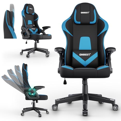 Onbest Premium Gaming Stuhl ergonomisch – verstellbares Nackenkissen – Lordosen Kissen – 360° Universal-Rollen – 150 kg Belastbarkeit – Stoffbezug – Armlehnen gepolstert – Gamingsessel (Blau) von Onbest