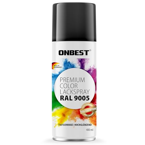 Onbest Premium Lackspray Sprühfarbe – wasserfest – Sprühlack Farbe zum Lackieren, Dekorieren & Reparieren von Oberflächen wie Metall, Holz, Kunststoff, Pappe, Stein (RAL 9005 Schwarz Glänzend) von Onbest