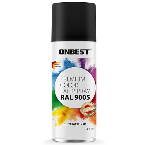 Onbest Premium Lackspray Sprühfarbe – wasserfest – Sprühlack Farbe zum Lackieren, Dekorieren & Reparieren von Oberflächen wie Metall, Holz, Kunststoff, Pappe, Stein (RAL 9005 Schwarz Matt) von Onbest