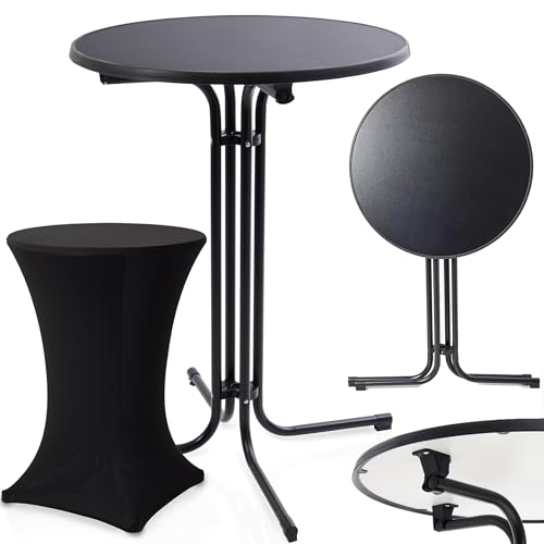 Onbest Stehtisch klappbar – mit festlicher Husse – 110cm hoch – Ø80 cm Tischplatte – rund– für In- & Outdoor –Bistrotisch – Biertisch – Gartentisch - Gartentisch Klapptisch (Schwarz) von Onbest