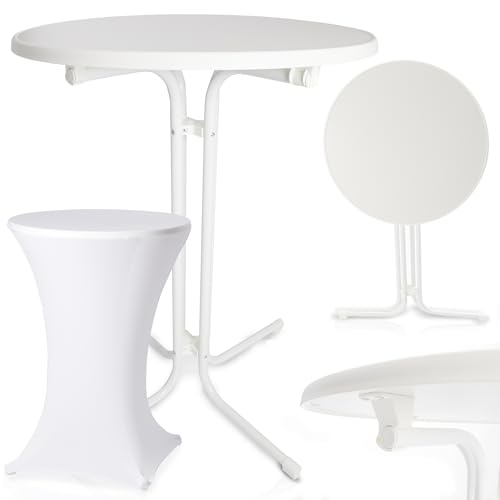 Onbest Stehtisch klappbar – mit festlicher Husse – 110cm hoch – Ø80 cm Tischplatte – rund– für In- & Outdoor –Bistrotisch – Biertisch – Gartentisch - Gartentisch Klapptisch (Weiß) von Onbest