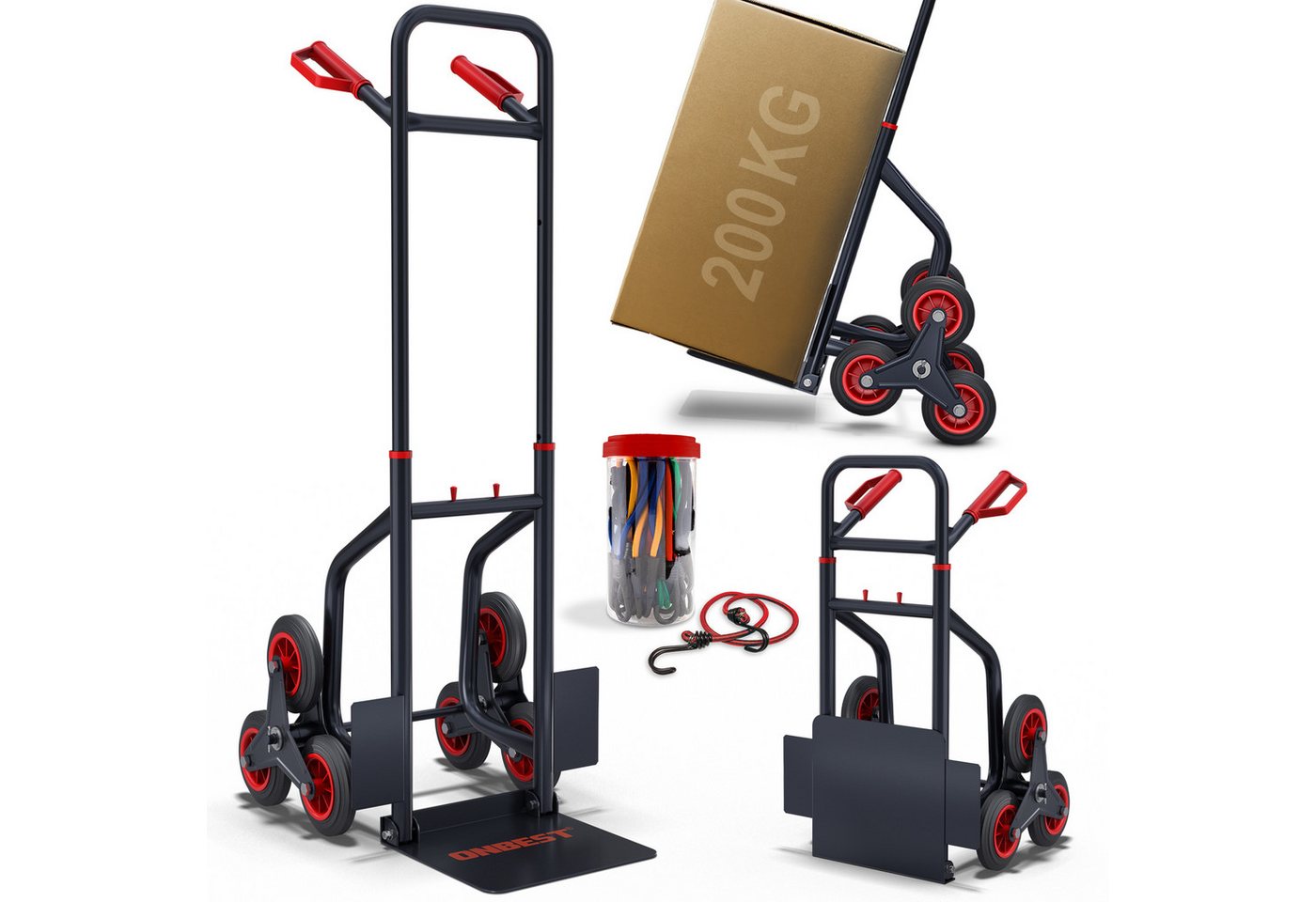 Onbest Treppensackkarre inklusive 12 Spanngummis bis 200 kg, Vollgummi Räder, klappbar, höhenverstellbar von Onbest