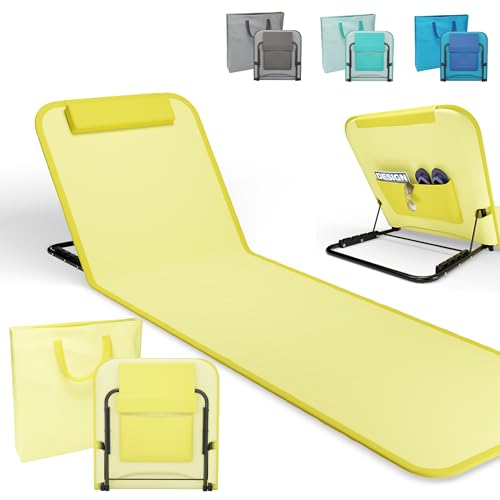 Onbest Bequeme Strandliege 165 cm lang - mit Verstellbarer Rückenlehne und Liegekissen – praktisches Staufach – Strandmatte klappbar – Leichter Transport – inkl. Tragetasche - Strandmatte (Gelb) von Onbest