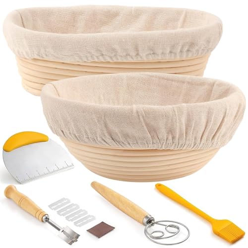 Onbqurg Gärkorb zum Brotbacken 2er- Set, Gärkörbchen-Set (Runde 23cm+Oval 25cm), Natürlichem Rattan, Inklusive Bäckermesser, Silikonpinsel von Onbqurg