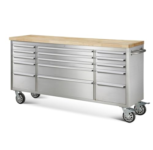 Ondis24 Edelstahl-Werkstattwagen Werkzeugwagen mit 10 Leichtlaufschubladen & XL-Massivholzarbeitsplatte, Lenkrollen, unbestückt (Grau, 198 x 49 x 95 cm (15 Schubladen)) von Ondis24