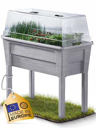 Ondis24 Garten Hochbeet Blumenkübel Victoria für Balkon, Pflanzkasten mit Gewächshaus, Volumen 50 L, Wasserspeicher, Tröpfchenbewässerung, abnehmbare Füße, Outdoor geeignet (Warmgrau) von Ondis24